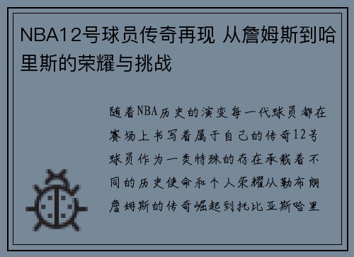 NBA12号球员传奇再现 从詹姆斯到哈里斯的荣耀与挑战
