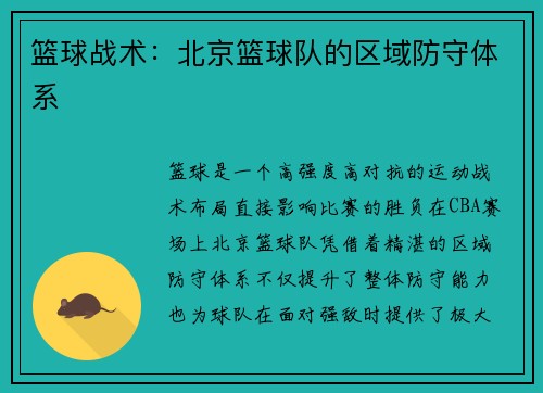 篮球战术：北京篮球队的区域防守体系