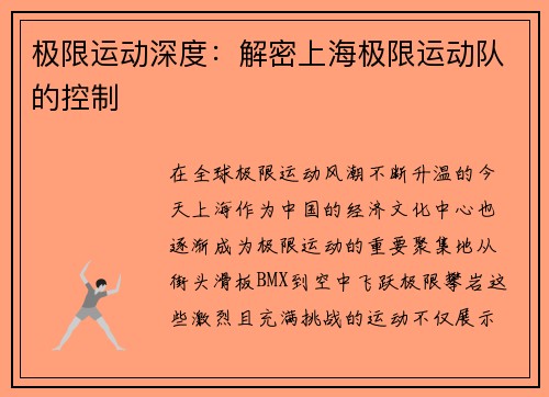 极限运动深度：解密上海极限运动队的控制