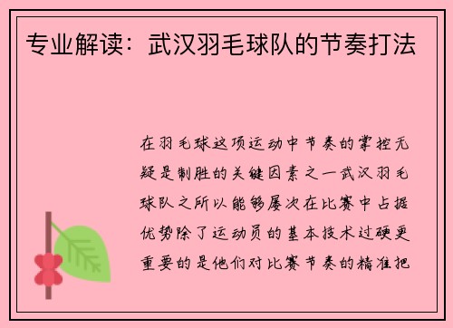 专业解读：武汉羽毛球队的节奏打法