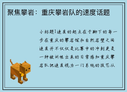 聚焦攀岩：重庆攀岩队的速度话题