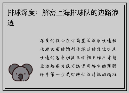 排球深度：解密上海排球队的边路渗透