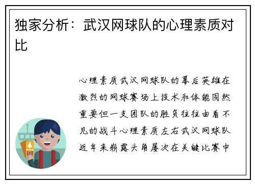 独家分析:武汉网球队的心理素质对比